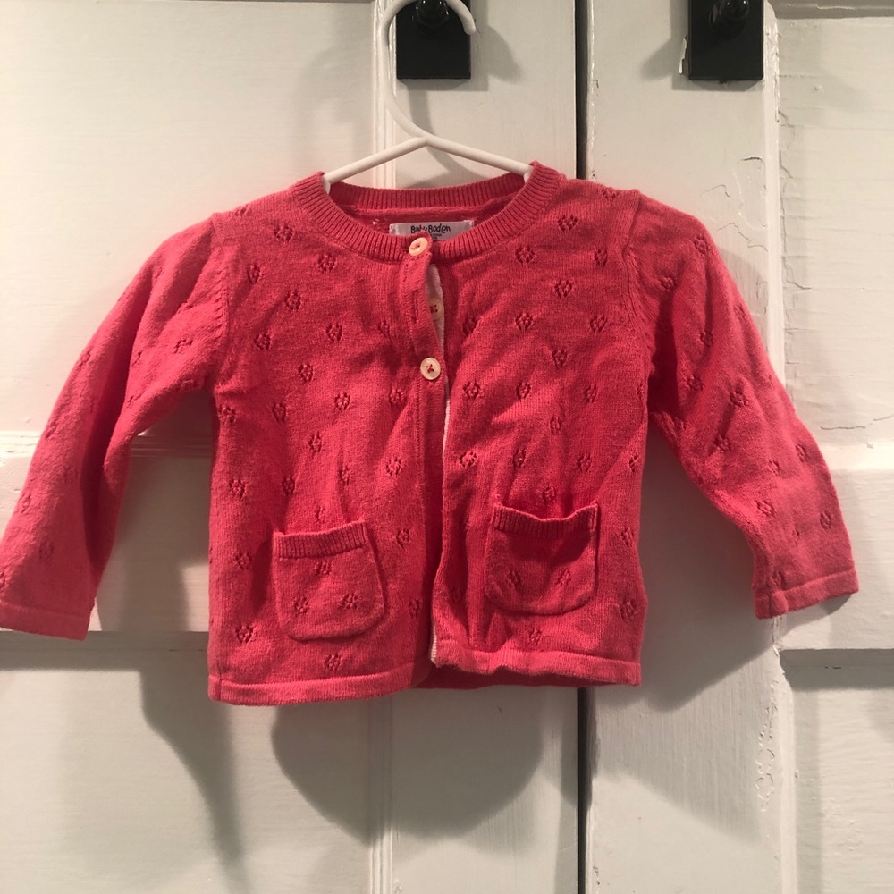 Adorable Baby Boden cotton blend coral pink cardigan sweater. Size 3-4 months